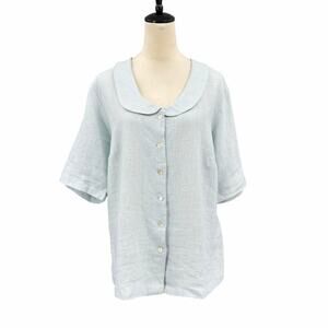Orientique Naturally Australian Light Pastel Blue Linen Button Up Lagenlook Top